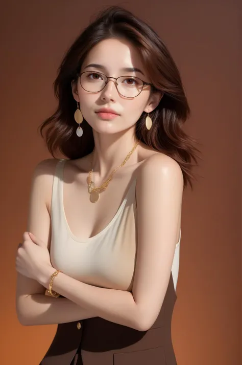 sexy,Bare shoulder, 1 girl, adult woman,[ freckles], (brown eyes:1.3), Dark brown hair, Waistcoat,simple background,(contrasting colors gradient background:1.1), (masterpiece,best quality:1.6),Satisfying, Nikon L35AF Camera ,Rembrandt lighting, earrings ,bracelets ,glasses ,portrait