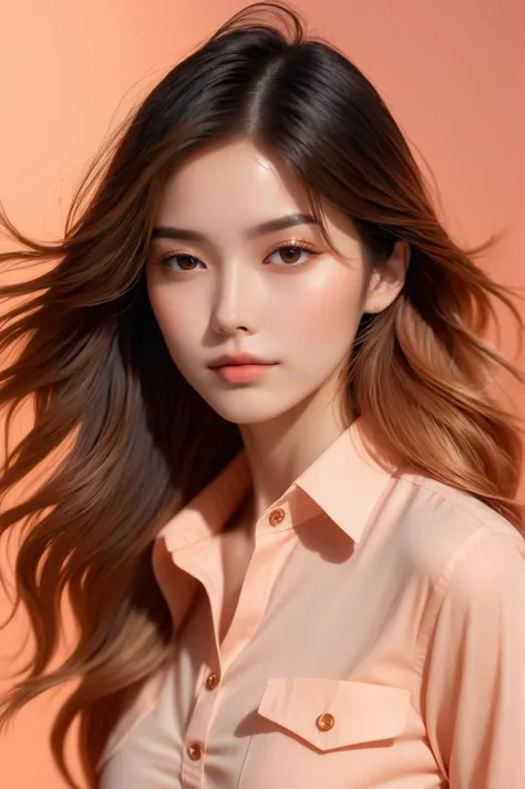 (masterpiece,best quality, ultra realistic,32k,RAW photo,detail skin, 8k uhd, dslr,high quality, film grain:1.5),
 long hair, gradient hair hair,lady,  brown eyes, Peach Chambray Shirt with Chinos., freckles,
(electric color gradient background, simple background:1.3)