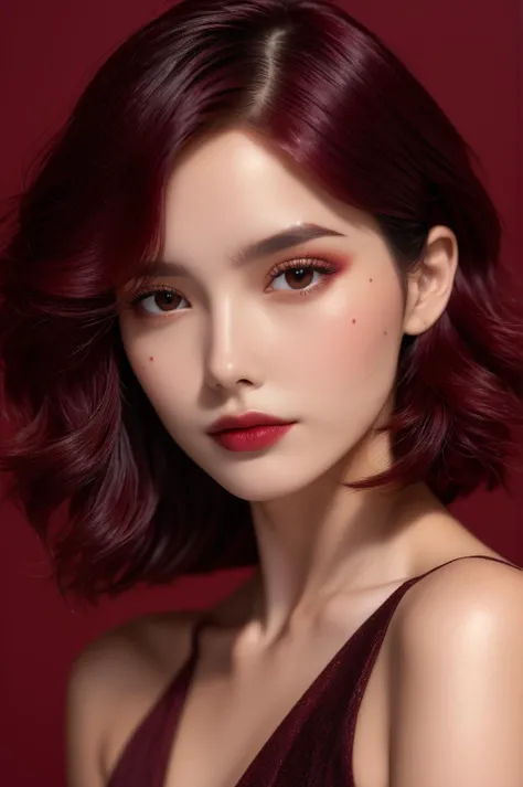 (masterpiece,best quality, ultra realistic,32k,RAW photo,detail skin, 8k uhd, dslr,high quality, film grain:1.5),
 short hair , Mahogany hair,lady,  brown eyes, Black pumps, freckles,
(dark red gradient background, simple background:1.3)