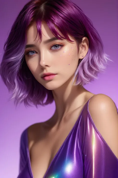 (masterpiece,best quality, ultra realistic,32k,RAW photo,detail skin, 8k uhd, dslr,high quality, film grain:1.5),
short hair , Purple hair,lady, brown eyes, DayGlo Trachtenhemd, freckles,
(Iridescent gradient background, simple background:1.3)