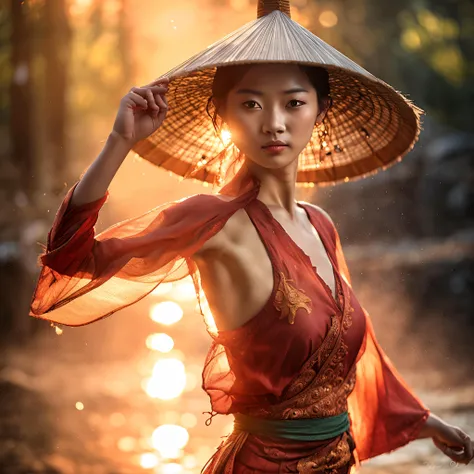 1 Vietnamese girl in conical hat dancing ballet, full body, water, smoke, colorful, strong light, sunshine, sunset, looking at viewer,, (Detailed face features:1.3),
(RAW photo, 16k, masterpiece, best quality: 1.2), (ultra realism, hyper detailed and intricate realism: 1.3), (wide depth of field, radiant mapping, ray tracing, god rays: 1.2),