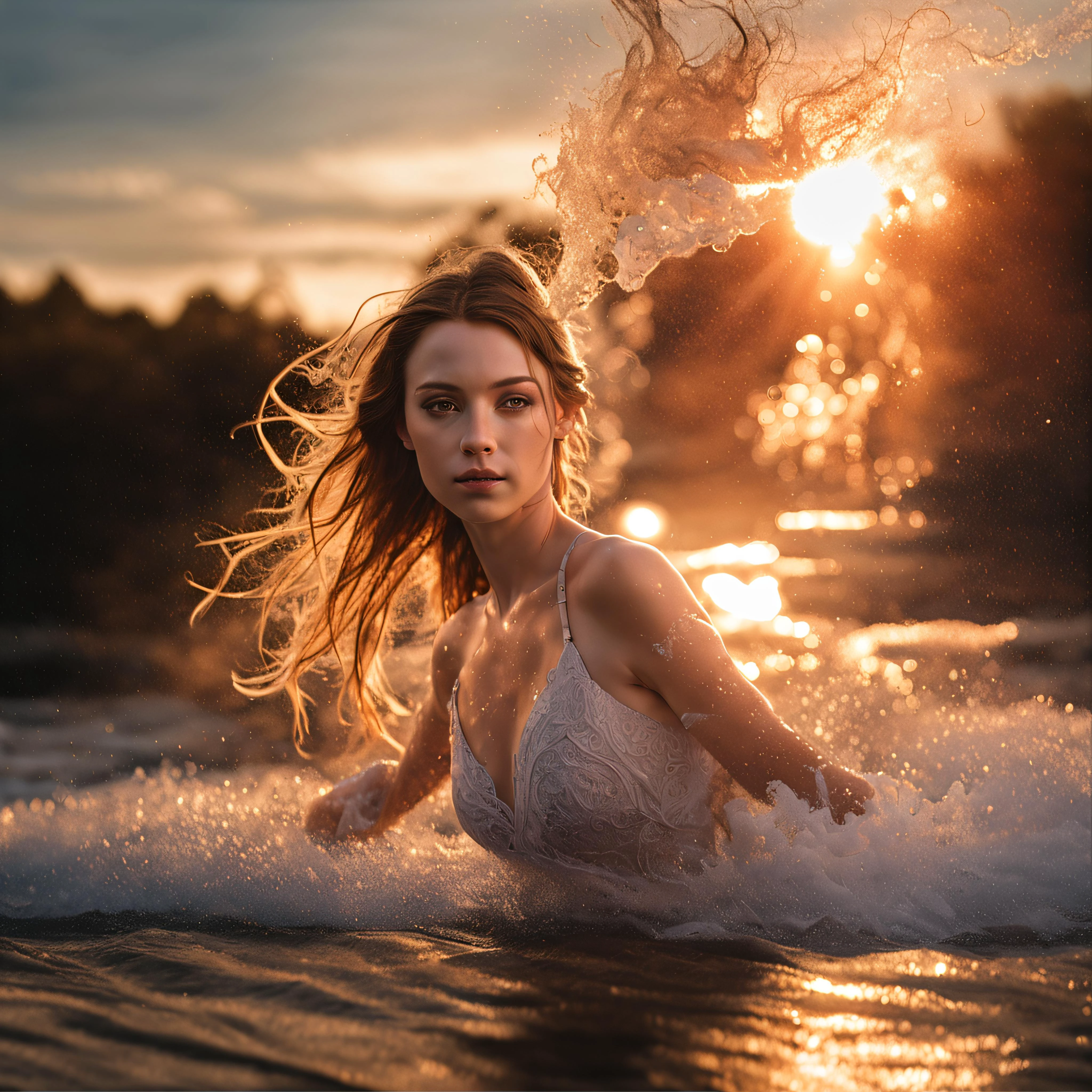 1 girl ballet, water, smoke, colorful, strong light, sunshine, sunset, looking at viewer,, (Detailed face features:1.3),
(RAW photo, 16k, masterpiece, best quality: 1.2), (ultra realism, hyper detailed and intricate realism: 1.3), (wide depth of field, radiant mapping, ray tracing, god rays: 1.2),
