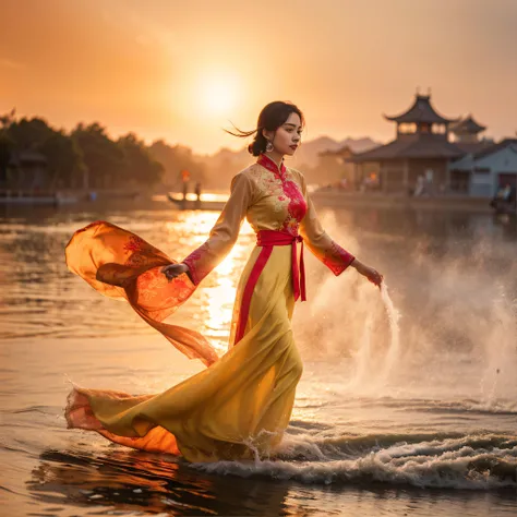 1 Vietnamese girl in Ao Dai dancing on the water, silk ribbon, full body, water, smoke, colorful, strong light, sunshine, sunset,Vietnam architecture,, (Detailed face features:1.3),
(RAW photo, 16k, masterpiece, best quality: 1.2), (ultra realism, hyper detailed and intricate realism: 1.3), (wide depth of field, radiant mapping, ray tracing, god rays: 1.2),