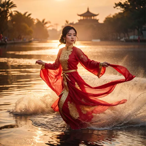1 Vietnamese girl in Ao Dai dancing on the water, silk ribbon, full body, water, smoke, colorful, strong light, sunshine, sunset,Vietnam architecture,, (Detailed face features:1.3),
(RAW photo, 16k, masterpiece, best quality: 1.2), (ultra realism, hyper detailed and intricate realism: 1.3), (wide depth of field, radiant mapping, ray tracing, god rays: 1.2),