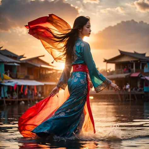 1 Vietnamese girl in Ao Dai dancing on the water, silk ribbon, full body, water, smoke, colorful, strong light, sunshine, sunset,Vietnam architecture,, (Detailed face features:1.3),
(RAW photo, 16k, masterpiece, best quality: 1.2), (ultra realism, hyper detailed and intricate realism: 1.3), (wide depth of field, radiant mapping, ray tracing, god rays: 1.2),
