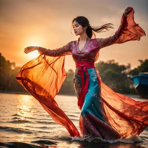 1 Vietnamese girl in Ao Dai dancing on the water, silk ribbon, full body, water, smoke, colorful, strong light, sunshine, sunset,Vietnam architecture,, (Detailed face features:1.3),
(RAW photo, 16k, masterpiece, best quality: 1.2), (ultra realism, hyper detailed and intricate realism: 1.3), (wide depth of field, radiant mapping, ray tracing, god rays: 1.2),