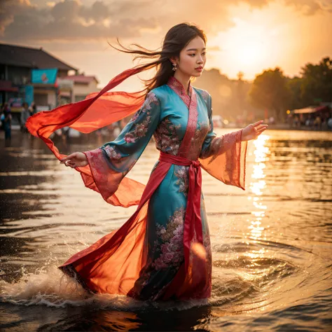 1 Vietnamese girl in Ao Dai dancing on the water, silk ribbon, full body, water, smoke, colorful, strong light, sunshine, sunset,Vietnam architecture,, (Detailed face features:1.3),
(RAW photo, 16k, masterpiece, best quality: 1.2), (ultra realism, hyper detailed and intricate realism: 1.3), (wide depth of field, radiant mapping, ray tracing, god rays: 1.2),