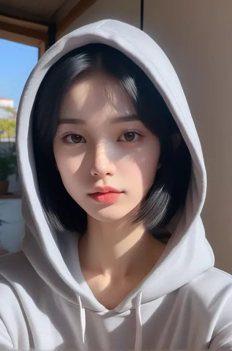 photography, (masterpiece, best quality, realistic:1.5), (real photo:1.4), High-quality fingers, 8k, raw photo, delicate, realistic background, 1girl, portrait, solo, (gray:1.1) hoodie, black short hair, detailed face, colorful, looking at viewer, emotionless, closed mouth, sunlight, (Facial shadows:1.2), <lora:asianface:0.8>