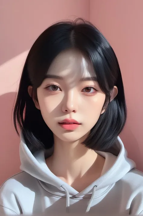 photography, (masterpiece, best quality, realistic:1.5), (real photo:1.4), High-quality fingers, 8k, raw photo, delicate, realistic background, 1girl, portrait, solo, (gray:1.1) hoodie, black short hair, detailed face, colorful, looking at viewer, emotionless, closed mouth, sunlight, (Facial shadows:1.2), <lora:asianface:0.8>