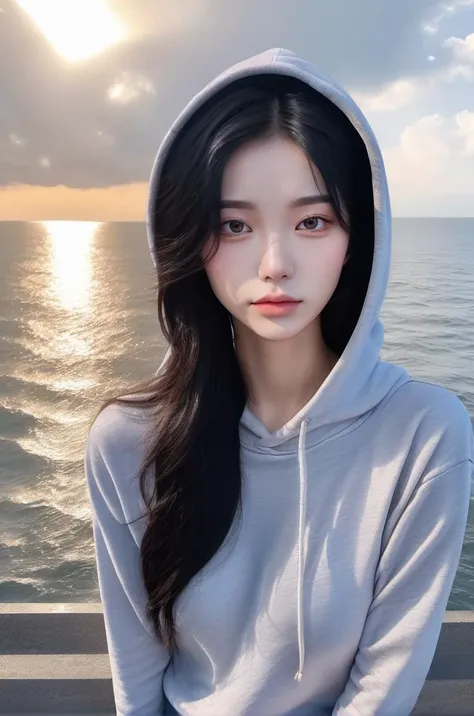 photography, (masterpiece, best quality, realistic:1.5), (real photo:1.4), High-quality fingers, 8k, raw photo, delicate, 1girl, (upper body:1.2), solo, (gray:1.1) hoodie, black hair, detailed face, seas, sunshine, sunset, clouds, looking at viewer, emotionless, Realistic skin texture, Pores, Smooth complexion, closed mouth, shadow, <lora:asianface:0.75>