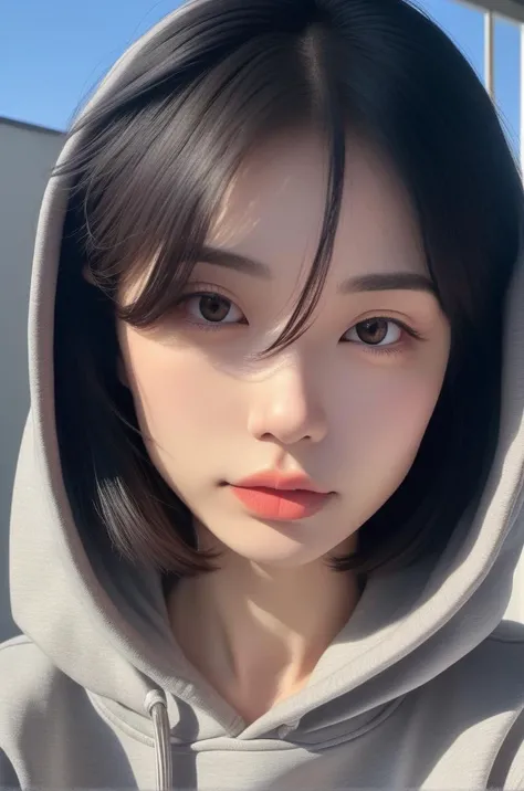 photography, (masterpiece, best quality, realistic:1.5), (real photo:1.4), High-quality fingers, 8k, raw photo, delicate, realistic background, 1girl, portrait, solo, (gray:1.1) hoodie, black short hair, detailed face, colorful, looking at viewer, emotionless, closed mouth, sunlight, (Facial shadows:1.2), <lora:asianface:0.8>