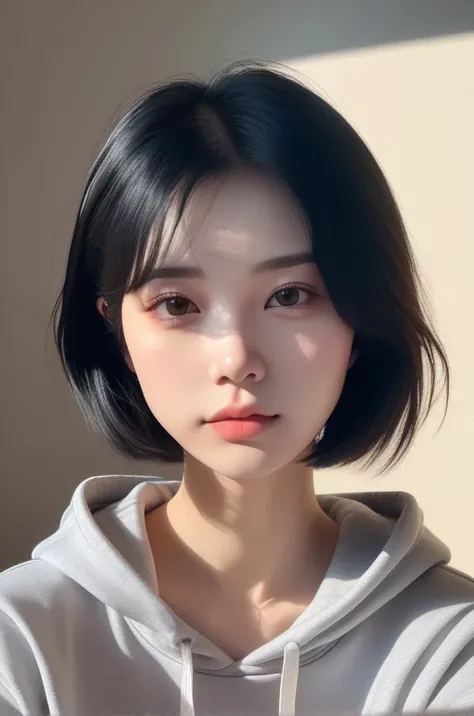 photography, (masterpiece, best quality, realistic:1.5), (real photo:1.4), High-quality fingers, 8k, raw photo, delicate, realistic background, 1girl, portrait, solo, (gray:1.1) hoodie, black short hair, detailed face, colorful, looking at viewer, emotionless, closed mouth, sunlight, (Facial shadows:1.2), <lora:asianface:0.8>