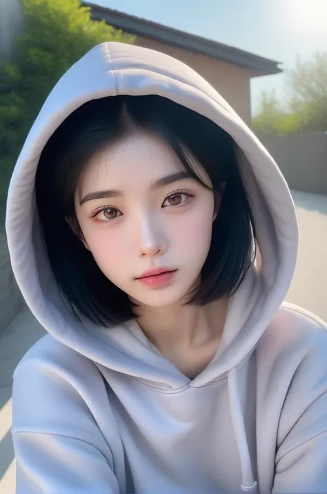 photography, (masterpiece, best quality, realistic:1.5), (real photo:1.4), High-quality fingers, 8k, raw photo, delicate, realistic background, 1girl, portrait, solo, (gray:1.1) hoodie, black short hair, detailed face, colorful, looking at viewer, emotionless, closed mouth, sunlight, (Facial shadows:1.2), <lora:asianface:0.8>