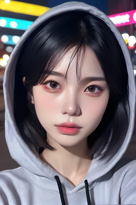 photography, (masterpiece, best quality, realistic:1.5), (real photo:1.4), High-quality fingers, 8k, raw photo, delicate, realistic background, 1girl, (upper body:1.2), solo, (gray:1.1) hoodie, black short hair, detailed face, colorful, looking at viewer, emotionless, closed mouth, night view, <lora:asianface:0.8>