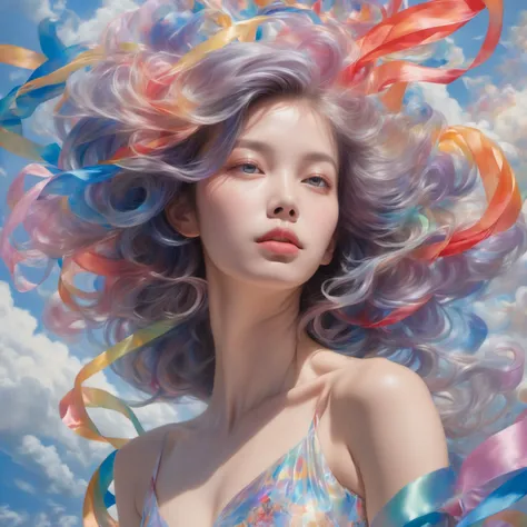 james jean, floating female figure made of ribbons, smoke, in the sky, colorful and vibrant, mystical colors, contemporary impressionism, yanjun cheng portrait painting, iridescent painting, 3/4 perspective view, cute face, low angle, sweeping circling composition, large beautiful crystal eyes, big irises, UHD, HDR, 8K, (Masterpiece:1. 5), (the most beautiful portrait in the world:1.5)