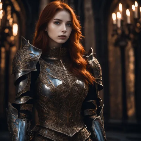 full body three-quarter close-up, dark fantasy movie style, stunningly beautiful slender girl, (expressive and deep [symmetrical eyes]), stunningly naive and innocent face, fiery red long hair, ([girl wearing maximum detailed damaged full gothic knight's armor of blued steel | maximum detailed worn gothic parade armor of blued steel with silver in dark fantasy movie style | (intricately detailed engravings: 1. 2) in the most detailed damaged full gothic knight's armor of blued steel (top ArtStation:1. 1) : 20])+++, tights with max short skirt, superbly detailed tattered dark brown wool cloak with rough weave, (intricate dark corridors of gothic cathedral, stained glass windows:1. 3)+++, dramatic background, gloomy and frightening atmosphere, natural blued steel texture, expressive background, super detailed, hyperphotorealism, natural light golden hour, (12K, UHD, super resolution, Rembrandt lighting)+++, natural reflections, natural textures, stained glass natural lighting, colored glass lighting, cinematic lighting