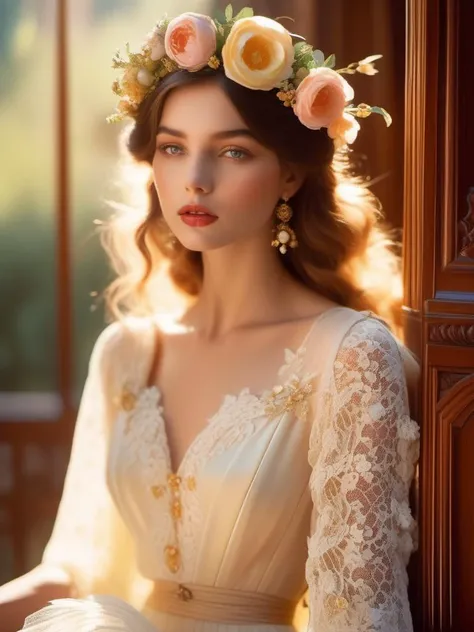 (Masterpiece, best quality, ultra realistic,32k, RAW photo, detail skin, 8k uhd, dslr, high quality, film grain:1.5), realistic shaded lighting by Ilya Kuvshinov Giuseppe Dangelico Pino and Michael Garmash, (top quality, official art, beautiful and aesthetic:1.2), (Art Nouveau Maiden in Victorian Dress:1.2), (a fusion of Art Nouveau aesthetics and Victorian fashion), (intricate lace and floral embellishments), (softly illuminated in a dreamy haze).
