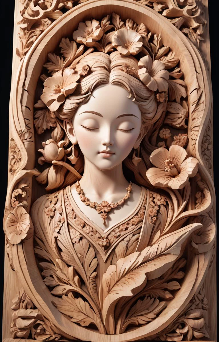 professional photography of wood carving, floral ornament, detailed, intricate details, DR, UHD, 64K, bokeh, vignette, 16mm lens, f/2