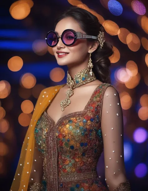 photo realistic, a beautiful (Snow:0.3) women, slim petite, colorful translucent Sherwani dress Dots, side Looking, Black Goggles and smiling, (in the circus:0.5), Fashion Model Pose, Darkness, Fractal background, (masterpiece, highest quality), 8K UHD, (film grain:1.2),(Fujifilm XT3:1.2), extremely detailed, (close up:1.4)