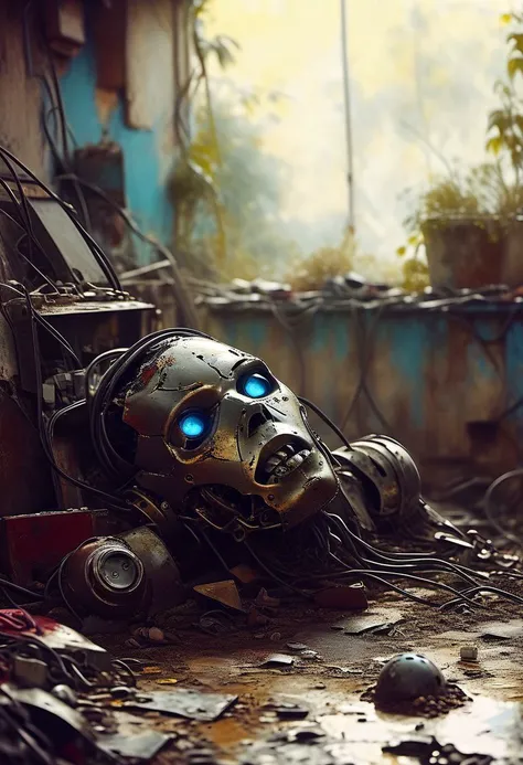 (Emek:1.4), (Film still cinematic photography, tilt angle, bokeh, perfect composition, f 1.8, 44mm:1.1), (slumped, crippled, broken and abandoned, completely destroyed smooth metal cyborg laying down, in bits, on its side, on the ground, covered in dirt and plant life, metal scrap, in an abandoned home, toys and broken stuffed animals, decaying floors, crumbling walls:1.4), (laying down:1.5), (latex skin cracked and peeling off the android's face, cyborg face is missing in chunks, exposed wires, exposed metal frame:1.1), (low focal point on doll:1.2), (electric energies emminating from the body:1.0), (closeup), (natural aura, light blue aura, black aura:1.2), (sunset), (in the style of (Gris Grimly:1.0) and (James Gilleard:1.6) and (Bastien Grivet:1.7)),
<lora:RMSDXL_Creative:0.9> <lora:epi_noiseoffset2:0.3> <lora:lowkey_v1.1:0.8> HyperSmoke, sunny background, blue background, intimate theme, afterglow
(Bad_pictures:1.0)