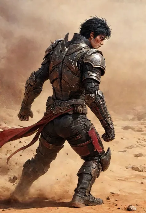Side view, piercing generic body with fist,, Illustration by David Macaulay, Profoundly red grey dystopian desert, sand dust, rocks, Stains, space grunge style, black Hair, Kenshiro from fist of the north star wearing used blackish Mad Max Styled leather armor, fist gauntlets, rips out the head and spine of opponent, blood, gore, bones, fists up,
restricted view, bodies in the background, action scene, Sci-fi vibe, dirty, noisy, Vintage, very detailed, hd, vibrant colors
