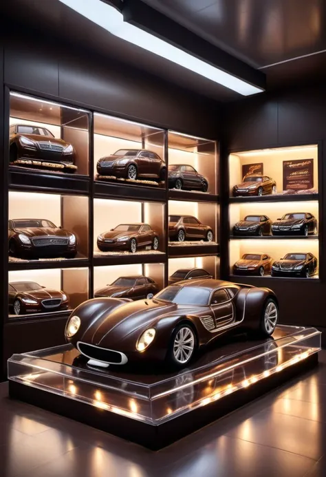 (masterpiece), best quality, Real size car made of chocolate, ultra realistic, dark and white chocolate car,liquorice tires,inside a glass display case, with neon lights, advertising campaign,