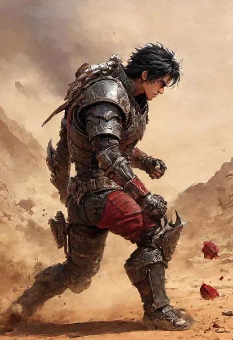 Side view, piercing generic body with fist,, Illustration by David Macaulay, Profoundly red grey dystopian desert, sand dust, rocks, Stains, space grunge style, black Hair, Kenshiro from fist of the north star wearing used blackish Mad Max Styled leather armor, fist gauntlets, rips out the head and spine of opponent, blood, gore, bones, fists up,
restricted view, bodies in the background, action scene, Sci-fi vibe, dirty, noisy, Vintage, very detailed, hd, vibrant colors