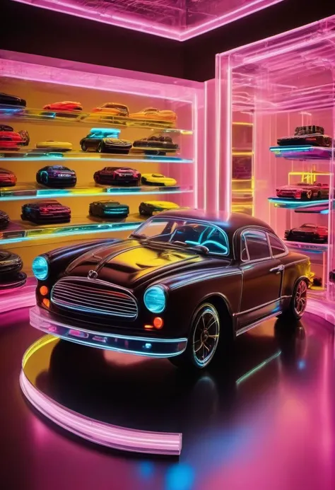 (masterpiece), best quality, Real size car made of chocolate, ultra realistic, dark and white chocolate car,liquorice tires,inside a glass display case, with neon lights, advertising campaign,