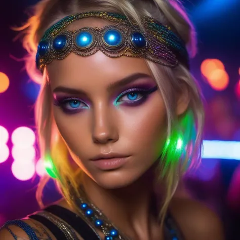 Amazing detailed photography of a perfect beautiful raver 1girl at a concert high on drugs, beads, glow sticks, black lights. having a good time, high resolution face, piercing eyes, Simon Bisley, Anti-Aliasing, FXAA, De-Noise, Post-Production, SFX, insanely detailed & intricate, hypermaximalist, elegant, ornate, hyper realistic, super detailed, noir coloration, serene, 16k resolution, full body, war scene