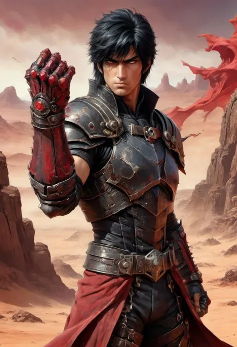 Side view, piercing generic body with fist, Illustration by David Macaulay, Profoundly red grey dystopian desert, sand dust, rocks, Stains, space grunge style, black Hair, Kenshiro from fist of the north star wearing used blackish Mad Max Styled leather armor, fist gauntlets, blood, gore, bones, fists up, 
restricted view, bodies in the background, action scene, Sci-fi vibe, dirty, noisy, Vintage, very detailed, hd, vibrant colors