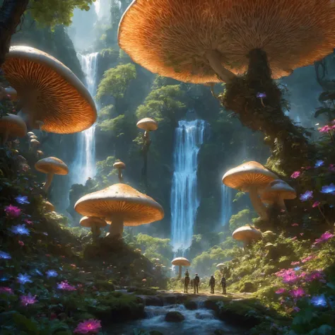 Medium shot of an enormous alien collecting mushrooms in an enchanted forest with waterfall, From the top of the inside of the mushrooms, come an immense number of small ((bioluminescent r g b)) robot bees which pollinate the surrounding colorful flowers.by Greg Rutkowski and Frank Frazetta. trending on ArtStation HD 8k highly detailed digital art (2d matte illustration conceptart asset design contest winner cg society hq intricate detail 4K UHD image full body 3D octane render ultra high quality realism painting realistic volumetric been of lighting super fluffy white background blender mucha style cinematic photo-realistic shadows perfect symmetry <lora:DreamARTSDXL:0.3>