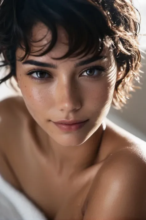 Photo of a 22-year-old girl , big light blue eyes, supermodel face, wide lips, Thin eyebrows, thin face, pointy nose, high cheekbones, long eyelashes. very short straight brunette hair, short hair, naked, athletic body, busty, no makeup, sad face, Ultra textured skin, kneeling, wet body, in a bathtube