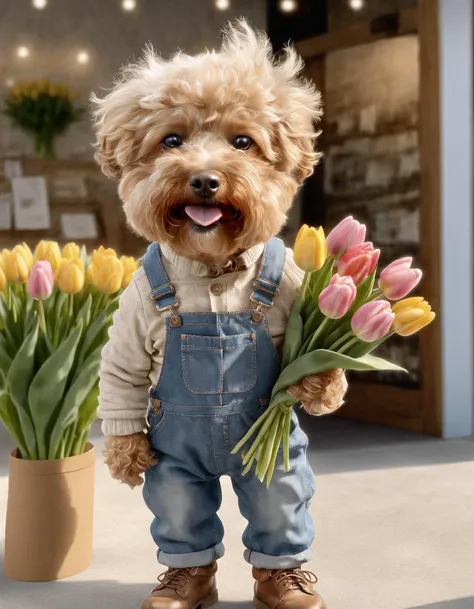 , raw photo, photorealistic, cinematic, vibrant details, award winning, best quality, (ultra high res:1.3), (8k:1.3),
doudou dog,anthropomorphic wearing white long sleeves overalls and brown shose, holding a large bouquet of tulips in hand,standing outside the flower shop,full body,small hand
octane render, studio soft light, rim light,