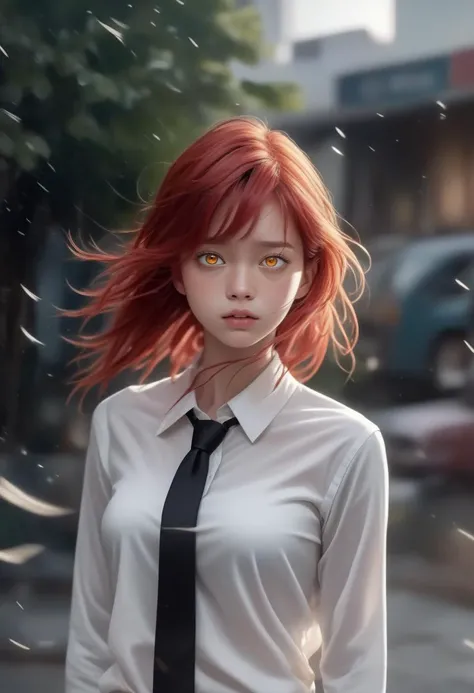 <lora:makima_loraxl:0.7>, ((best quality)), ((masterpiece)), (detailed), ((emotional, expressive, 1girl, makima, adult, windy, looking at viewer, exhausted, sweat, floating hair, red hair, night)), standing, white shirt, black tie, ringed eyes