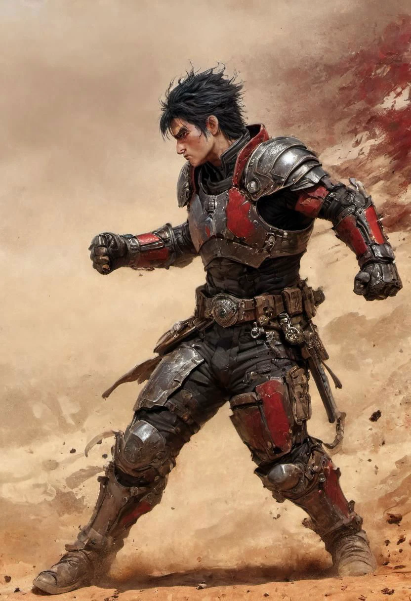 Side view, piercing generic body with fist,, Illustration by David Macaulay, Profoundly red grey dystopian desert, sand dust, rocks, Stains, space grunge style, black Hair, Kenshiro from fist of the north star wearing used blackish Mad Max Styled leather armor, fist gauntlets, rips out the head and spine of opponent, blood, gore, bones, fists up,
restricted view, bodies in the background, action scene, Sci-fi vibe, dirty, noisy, Vintage, very detailed, hd, vibrant colors