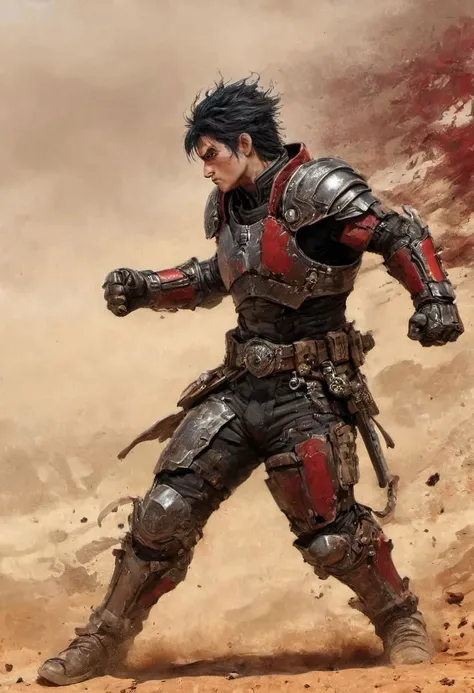 Side view, piercing generic body with fist,, Illustration by David Macaulay, Profoundly red grey dystopian desert, sand dust, rocks, Stains, space grunge style, black Hair, Kenshiro from fist of the north star wearing used blackish Mad Max Styled leather armor, fist gauntlets, rips out the head and spine of opponent,  blood, gore, bones, fists up, 
restricted view, bodies in the background, action scene, Sci-fi vibe, dirty, noisy, Vintage, very detailed, hd, vibrant colors