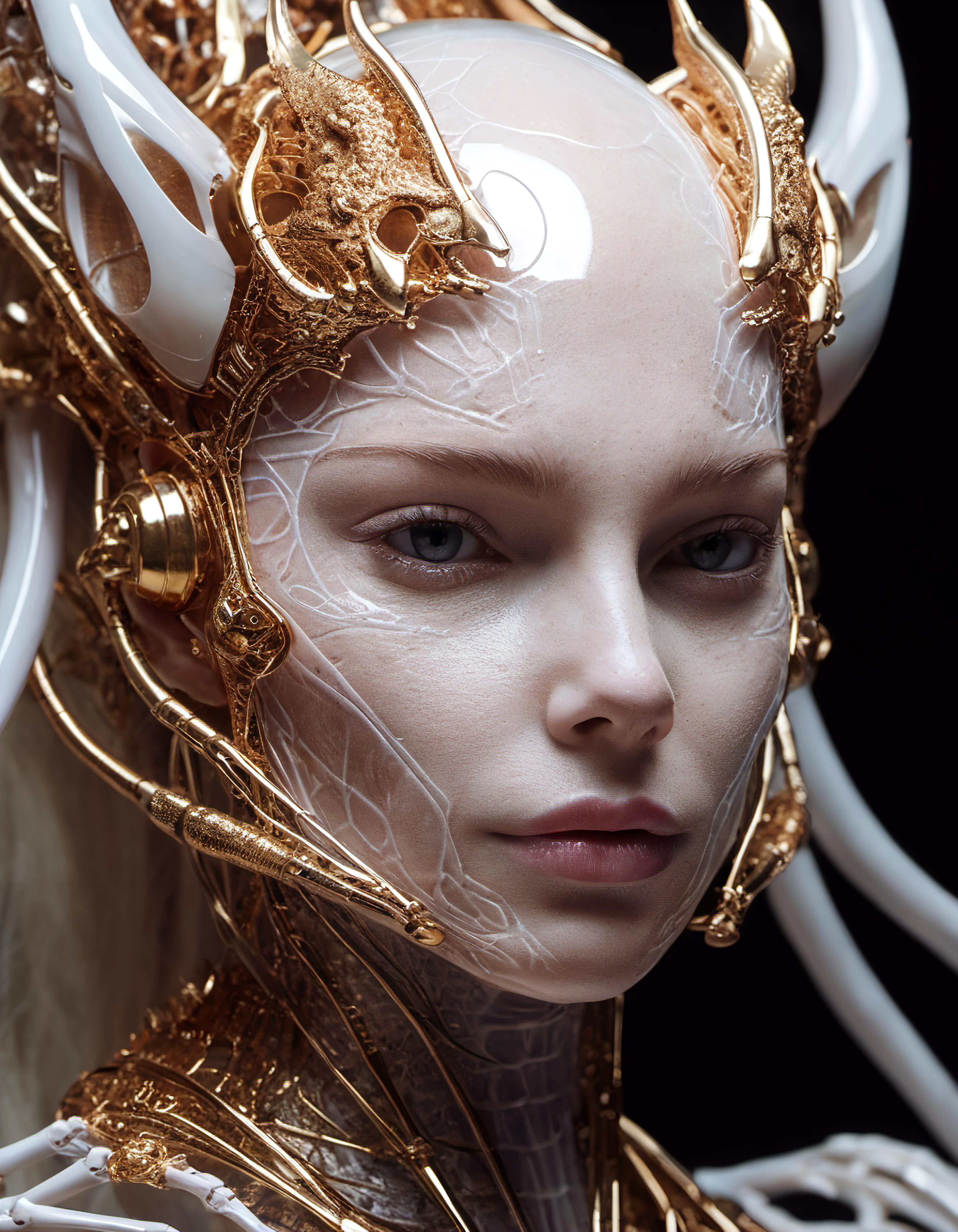 RAW candid close up photo of an ethereal neural network organism, divine cyborg dragon:2 girl:0.3, ginger:0.5 biomorph, glass skeleton, skinless:3, anatomical face, biomechanical details, (empty background), natural lighting, style of h. r. giger, (sharp focus, hyper detailed, highly intricate), <lora:add-detail-xl:5>