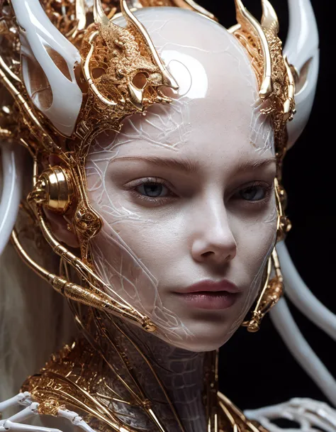 A close up of a woman with a gold headpiece and a white dress - SeaArt AI
