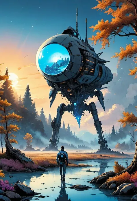 (Alex Pardee1.4), (Film still cinematic photography, tilt angle, bokeh, perfect composition, f 1.8, 44mm:1.1), (hyperdetailed forest, autumn theme:1.0), (archaic military mech walking in a swamp, ripples of water move, biomechanical man and a mech:1.3), (turning pose, change pose each time:1.1), (smoking heap of a spaceship collision in the background:1.1), (natural aura, light blue aura, black aura:1.2), (sunset), (in the style of (Brian Despain:1.0) and (Iwan Baan:1.6) and (Sam Kieth:1.7)),
<lora:RMSDXL_Creative:0.9> <lora:epi_noiseoffset2:0.3> <lora:lowkey_v1.1:0.8> HyperSmoke, sunny background, blue background, intimate theme, afterglow
(Bad_pictures:1.0)