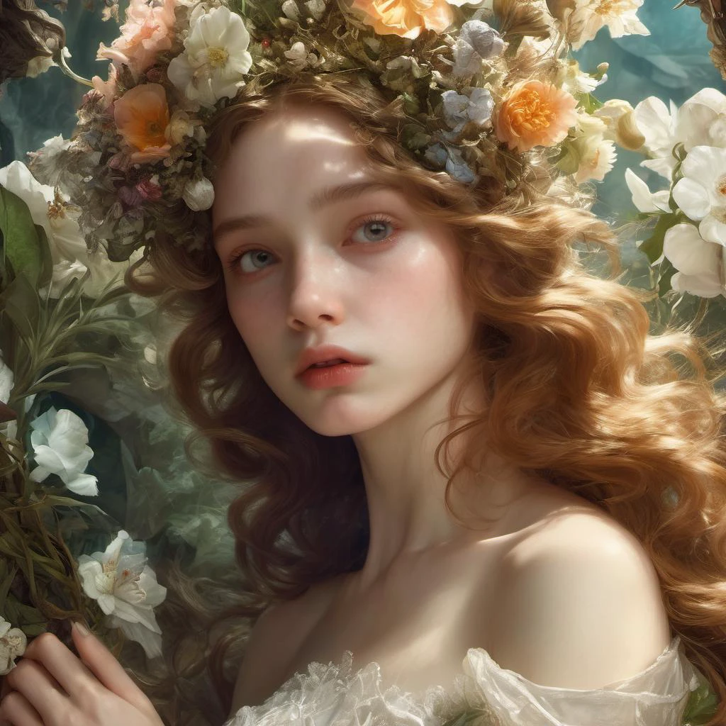 Hyperrealistic art ethereal fantasy concept art of fractured half woman half flower, intricate details, translucent, background Overgrown With skulls Insanely Detailed Matte Painting With Rough Paint Strokes And Textures, By Eugne Delacroix, Alfons Mucha. magnificent, celestial, ethereal, painterly, epic, majestic, magical, fantasy art, cover art, dreamy . Extremely high-resolution details, photographic, realism pushed to extreme, fine texture, incredibly lifelike