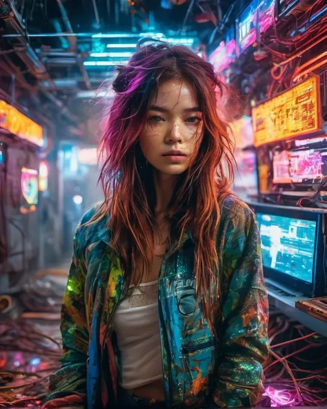 (masterpiece, Neon:1.3), an entrancing cyberpunk scene in the mesmerizing style of Carne Griffiths, featuring a (cyborg girl with long hair:1.3) amidst the Poison of Quicksand within an Abandoned Space Station.
In this artwork, the young cyborg girl's appearance embodies the essence of Carne Griffiths' distinctive artistry. Her long hair flows like delicate tendrils, intertwining with neon-colored circuits that illuminate her cybernetic enhancements. Her eyes, a hypnotic blend of human and digital, seem to transcend the boundaries of reality.
The Poison of Quicksand, an ethereal substance with a pulsating glow, engulfs the space station, creating an otherworldly and surreal setting. The neon hues of the poison add to the mystique of the scene, casting an eerie yet captivating ambiance.
The Abandoned Space Station, once a hub of advanced technology, now lies in ruins. Dilapidated walls and corroded metal structures contrast with the neon lights, evoking a sense of nostalgia for a bygone era of technological marvels.
As the girl stands amidst this captivating environment, she exudes an air of tranquility and grace, seemingly unaffected by the chaos around her. Her presence is transcendent, as if she exists in both the physical and digital realms simultaneously.
The hypnotic nature of the artwork draws the viewer into a cyberpunk dreamscape, where the boundaries of reality and imagination blur, and the neon-lit world comes to life in vibrant hues.
This masterpiece embodies the essence of Carne Griffiths' style while delving into the enchanting realm of cyberpunk. The combination of the Transcendent cyborg girl, Poison of Quicksand, Abandoned Space Station, and Neon lights creates an otherworldly and captivating scene that leaves viewers in awe of its mesmerizing beauty.