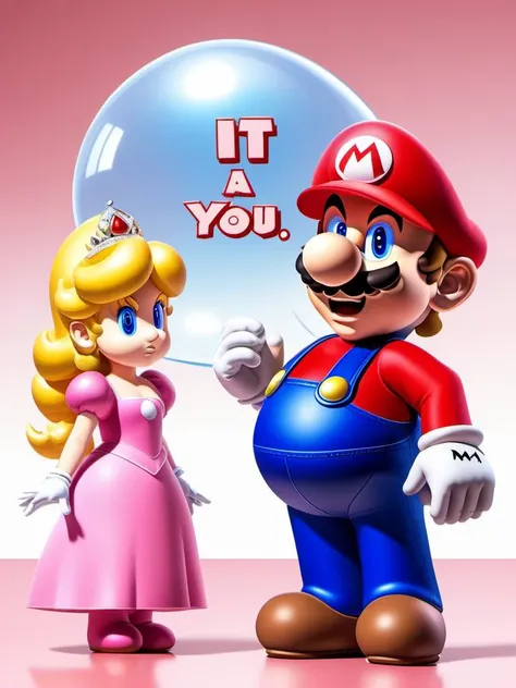 Super Mario stands before Princess Peach with speach bubble above his head saying "It's not you, it's a me, Mario!"