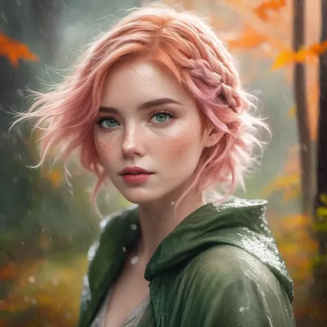 Master Shot, portrait, young, Irish, woman, oval head shape, Alabaster skin, pink lips, grey-green eye colour, short nose, freckles cheeks, protruding pointy ears, short horns, expression of apathy, messy wavey hair, orange hair colour, green cloak, petite body type, forest, bokeh effect, soft lighting, Fantasy Full body portrait of a young girl, platinum braided hair, surrounded by mist, vest, digital painting, freckles, scarred, back face paint, mascara, pauldron, raining. Background castle (anime style), painting.