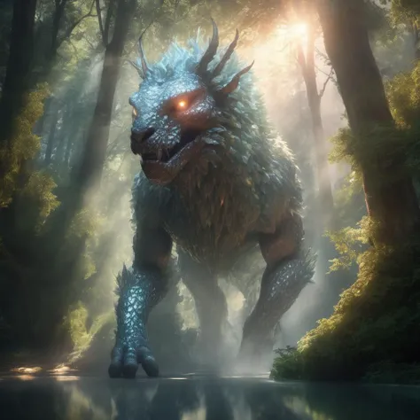 Create an AI-generated image of a mythical creature that roams the dense forests of an enchanted land, with shimmering reflecting scales and piercing eyes. Sunlight filters through the trees. Mist surrounds its feet.