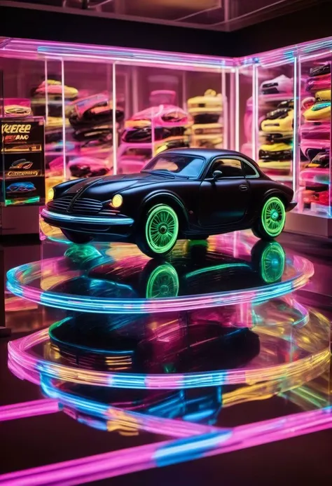 (masterpiece), best quality, Real size car made of chocolate, ultra realistic, dark and white chocolate car,liquorice tires,inside a glass display case, with neon lights, advertising campaign,