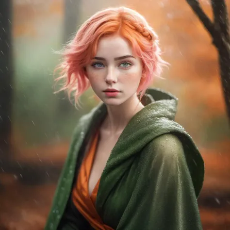 Master Shot, portrait, young, Irish, woman, oval head shape, Alabaster skin, pink lips, grey-green eye colour, short nose, freckles cheeks, protruding pointy ears, short horns, expression of apathy, messy wavey hair, orange hair colour, green cloak, petite body type, forest, bokeh effect, soft lighting, Fantasy Full body portrait of a young girl, squatting, platinum braided hair, surrounded by mist, vest, digital painting, freckles, scarred, back face paint, mascara, pauldron, raining. Background castle (anime style), painting.
