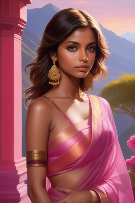 masterpiece,best quality, renaissance style girl,dark Honey blonde Side-swept bangs hair,Bare shoulder,beautiful Indian girl, light skin,DayGlo pink translucent saree sari, perty, beauty face, . realistic, perspective, light and shadow, religious or mythological themes, highly detailed, painting of the grand budapest hotel in front of beautiful mountains by thomas cole, (colorful) by artgerm, wlop, andrei riabovitchev, nuri iyem, james gurney, james jean, greg rutkowski, highly detailed, soft lighting 8 k resolution
Negative Prompt: (worst quality, low quality, illustration, 3d, 2d), open mouth, tooth,ugly face, old face, bad hands,