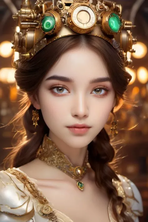 photo realistic, full color, (medium shot, detail background:1.3), steam punk, long nose, (clear eyes:1.1, symmetrical eyes), (explosions of a huge decorated alchemist laboratory:1.3), (a fantasy princess holding a broken giant golem mechanical head:1.4, light gold color intrinsic design tiara), (masterpiece,best quality:1.5)