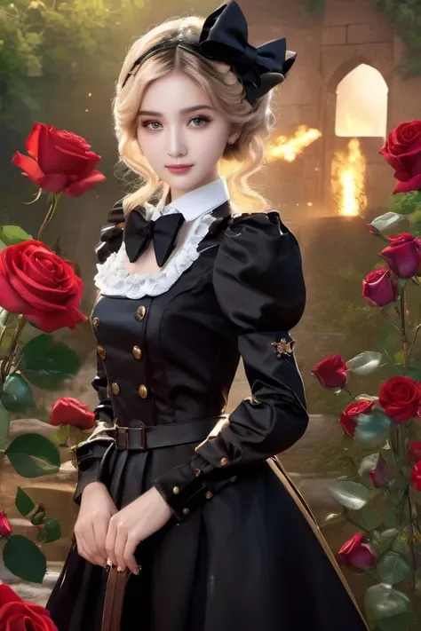 photo realistic, full color, (detail background:1.3), long nose, (clear eyes:1.1, symmetrical eyes), archaic smile, (explosions of trench warfare background:1.5), (holding a submachine gun:1.1), an exquisitely cute 23 years old woman wearing (a gothic maid costume base soldier outfit, (embossing black roses), (bouffant sleeve:1.23), (ribbon bowtie:1.3)), (masterpiece,best quality:1.5), (masterpiece,best quality:1.5)