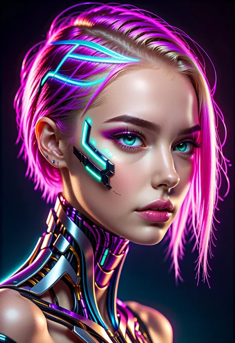 neonpunk style donmv01dfm4g1c3xl humanoid robot. cables, skull, undercut neon hair, mechanical parts, spine, intricate details, realistic skin, natural human face, 20s, slender face, perfect body, lean athletic body, medium breast, flat stomach, cyberpunk, vaporwave, neon, vibes, vibrant, stunningly beautiful, crisp, detailed, sleek, ultramodern, magenta highlights, dark purple shadows, high contrast, cinematic, ultra detailed, intricate, professional,